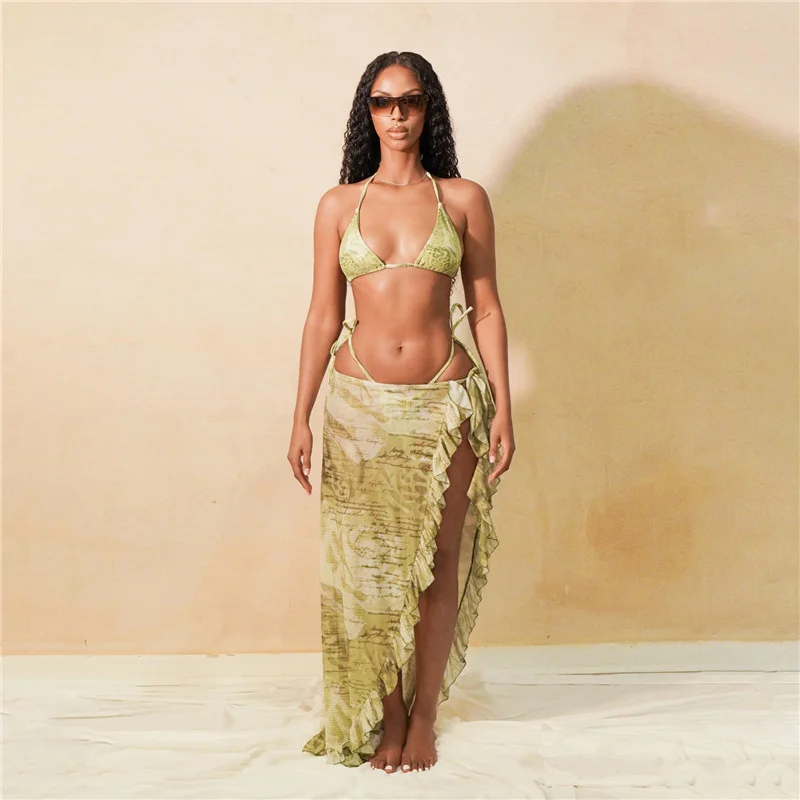 

3D Print Backless Green 3 Piece Set Women Summer Halter Tie Bra Sexy Briefs Low Waist Split Lace Long Skirt Casual Beach Wear