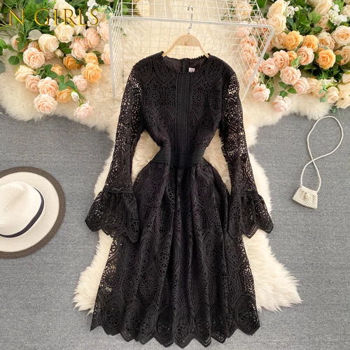

N GIRLS2022 Lace Hollow Out Design Elegant Dress Women O Neck Flare Long Sleeve Solid Vestidos High Waist Hip A Line Long Robe