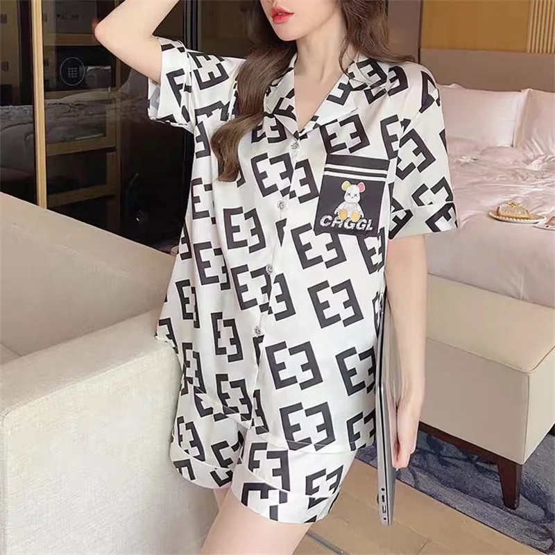 2023 New Summer Ice Silk Women's Pajamas, Short Sleeved and Shorts Set, Fashionable Celebrities Thin Popular Style Sleepwear