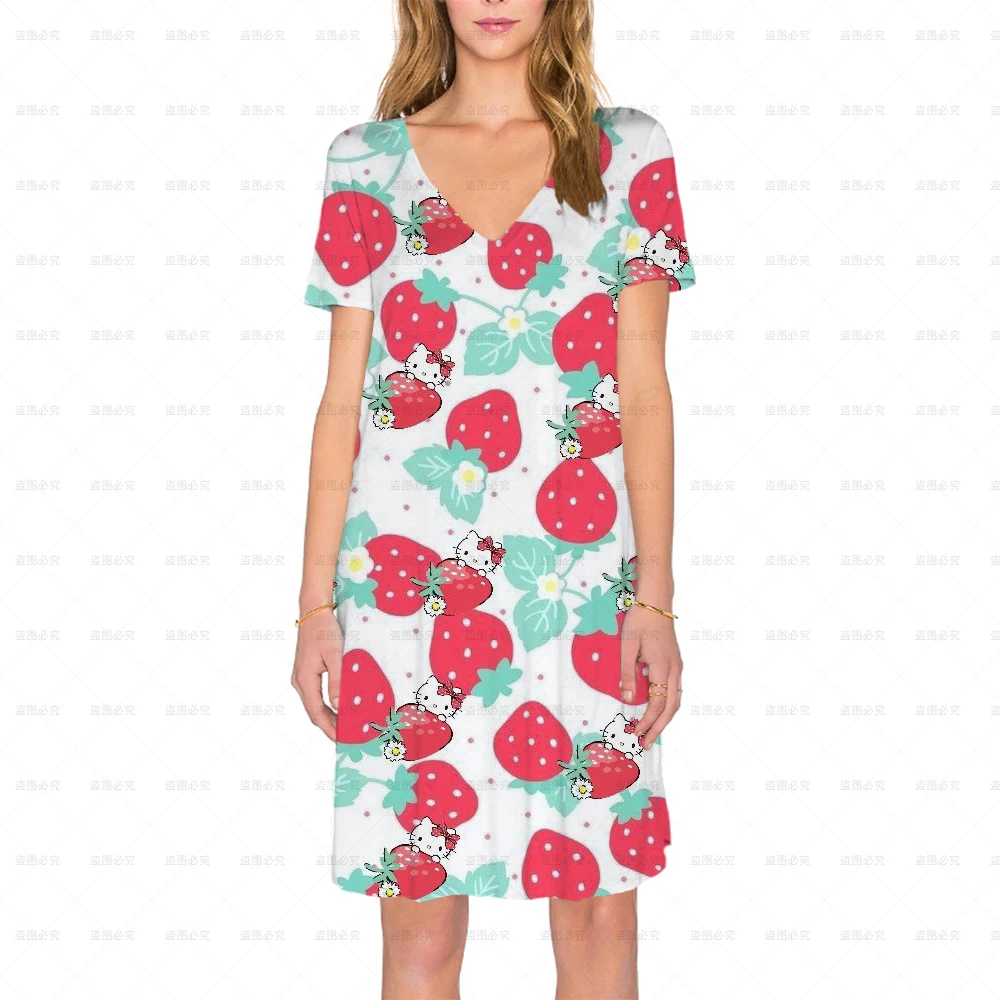 

Summer cartoon character dress women's retro dress V-neck 3D printed long sleeved dress casual vacation sun dress long robe wome