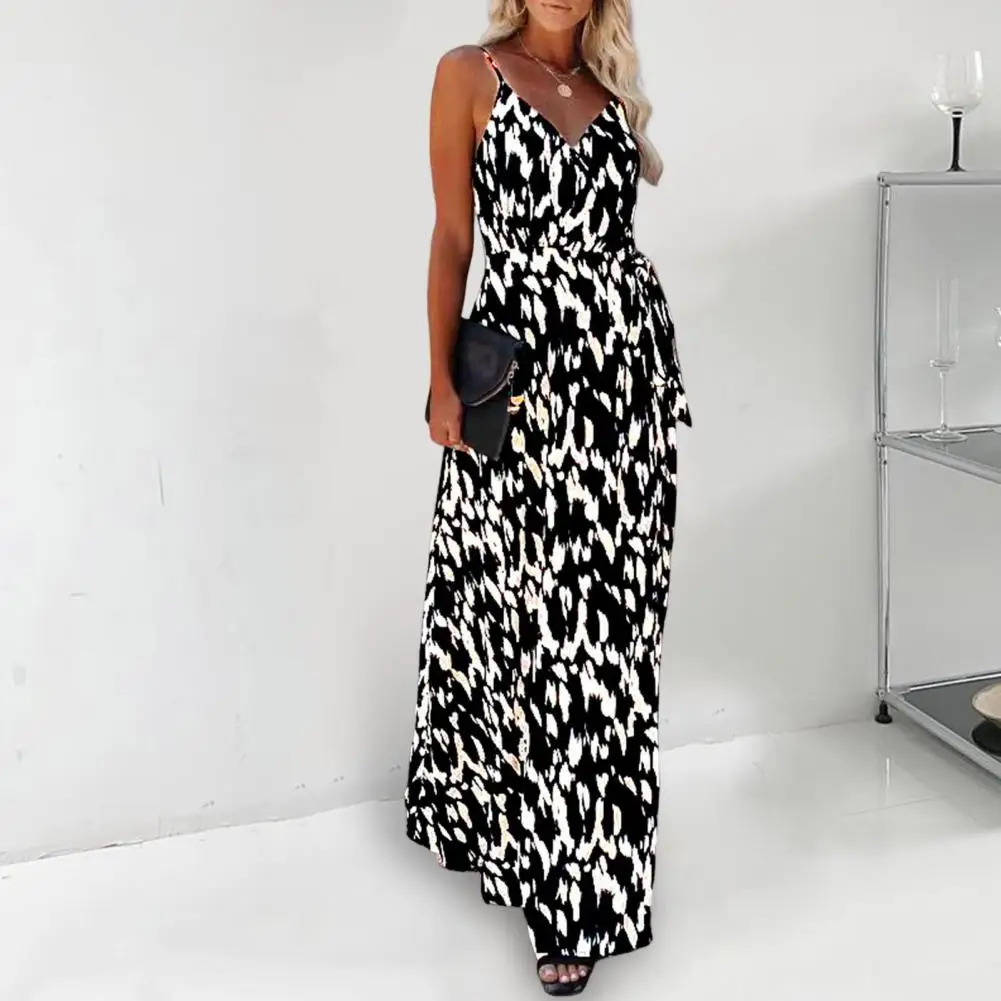 

Women Dress Zebra Print Side Split Backless Strappy Dress V-neck Dress-up Summer Dress Spaghetti Strap Tight Waist Ladies Dress