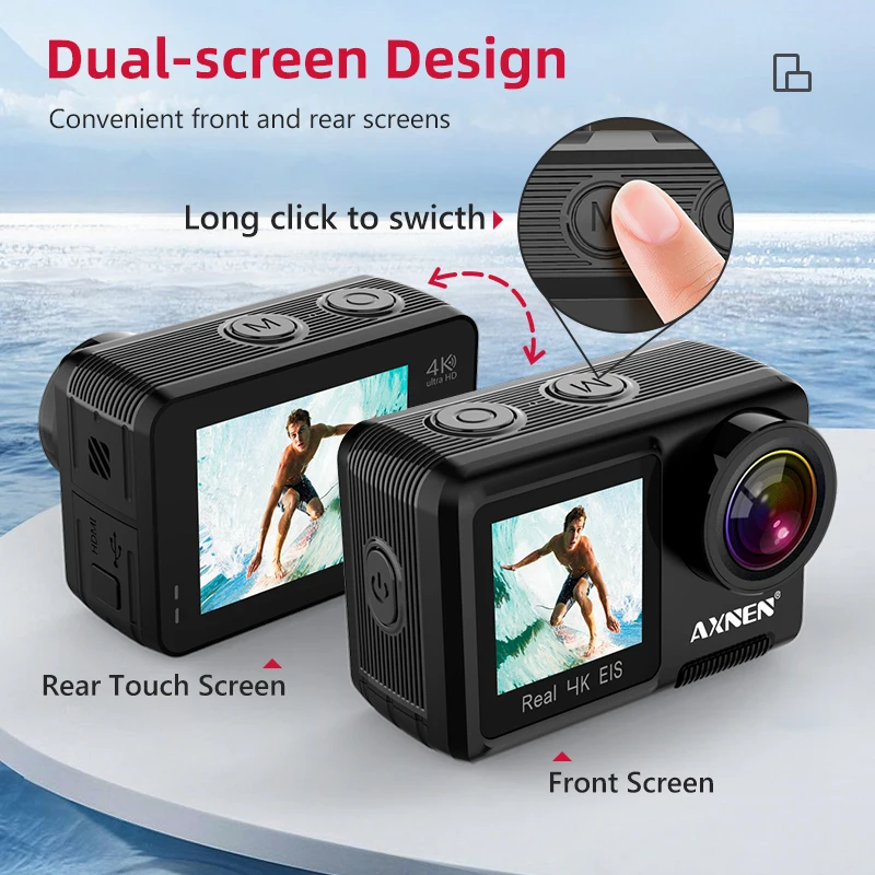 Cena Kamera Akcji AXNEN AX8 4K 60FPS EIS Nagrywanie Wideo 20MP Ultra HD Podwójny Wyświetlacz 2 Cal Z Ekranem Dotykowym Kamera Internetowa Wodoodporna Kamera Sportowa