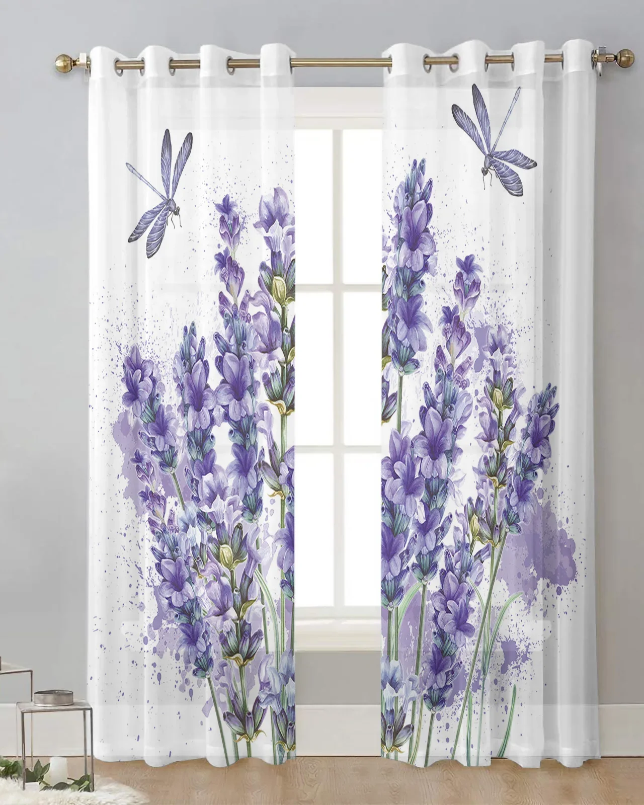 Фиолетовый цветок лаванда стрекоза белые тюлевые шторы для гостиной кухни