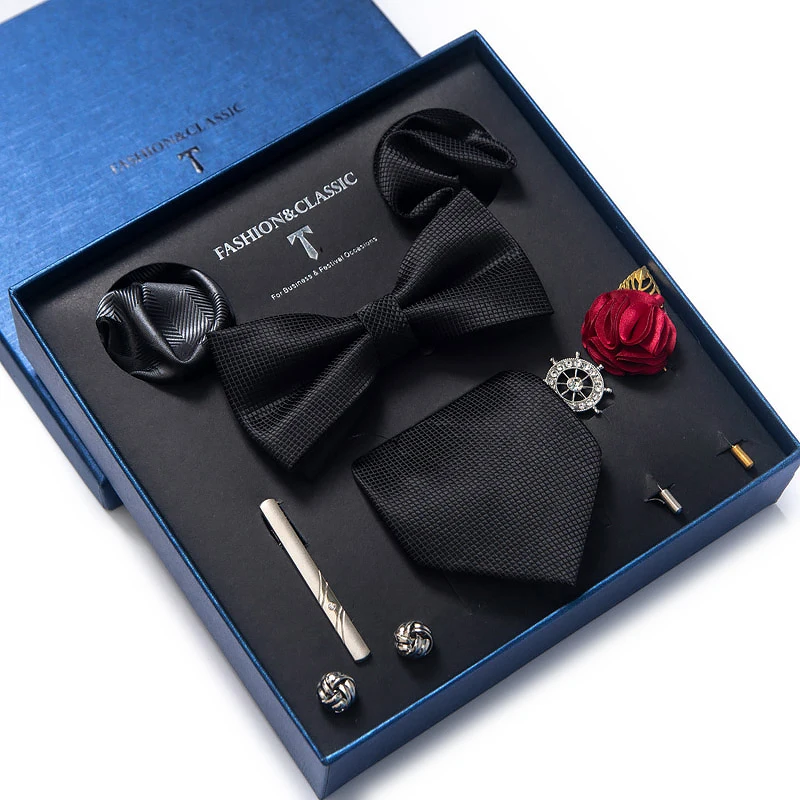 Vangise Brand Newest design Silk Tie Handkerchief Pocket Squares Cufflink Set Bow Tie Clip Necktie Box Plaid Father's Day