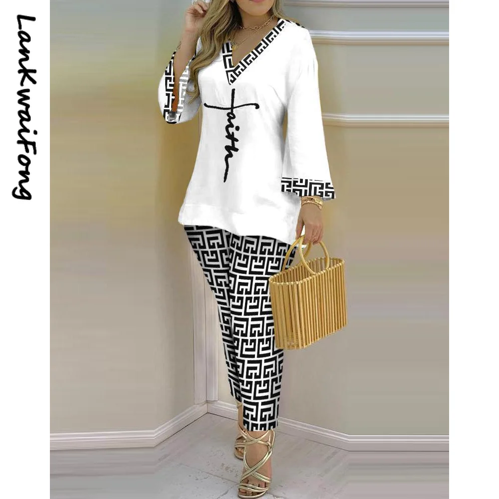 

2023 spring new casual long-sleeved T-shirt top pants two-piece women's suit V-neck gradient check printed straight pants