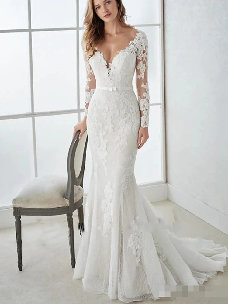 

Long Wedding Dress for Women Bride 2023 V-Neck Sweep Train Lace Tulle Illusion Sleeve Mermaid Party Vestido De Noiva Robe New