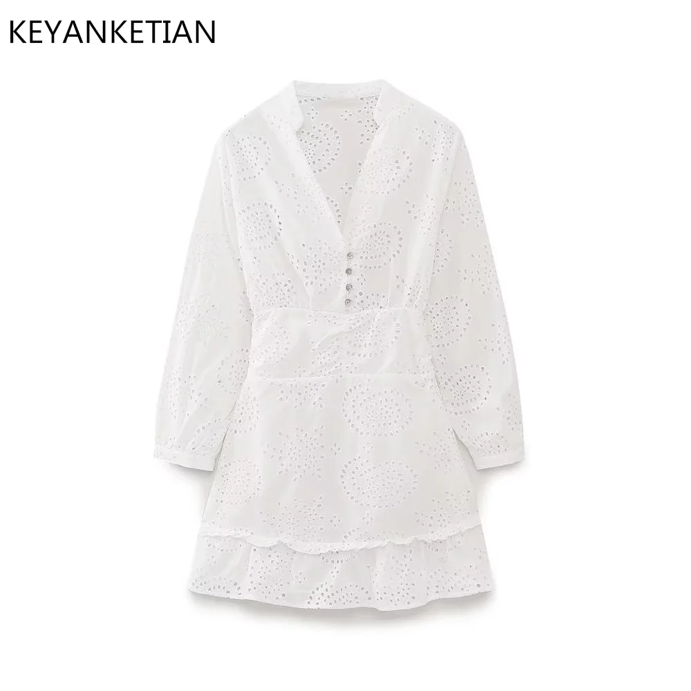 

KEYANKETIAN Spring New Women's Laminated Lotus Leaf Trim Hollowed Out Embroidery Shirt-Style Dress Holiday Mini Skirt white
