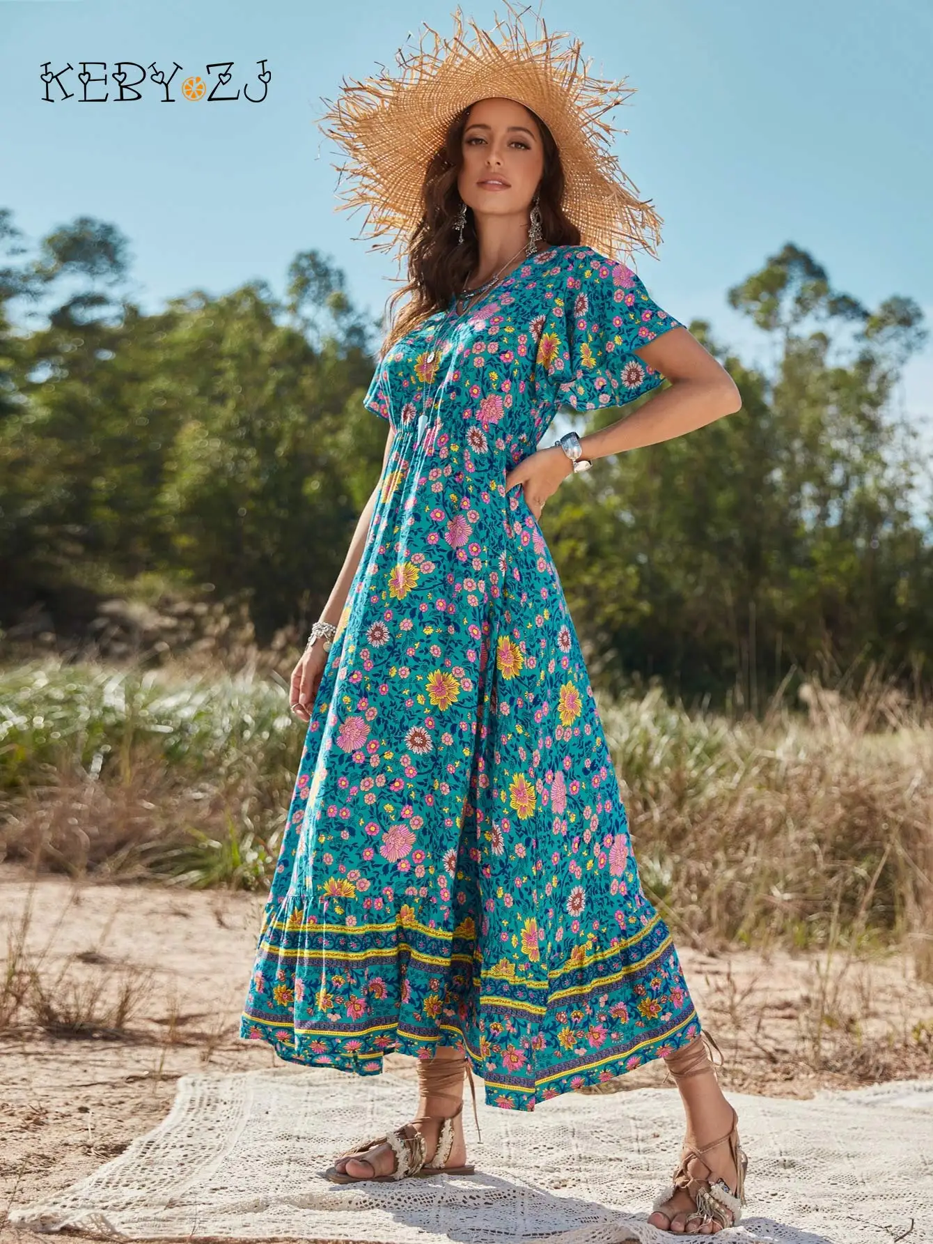 

KEBY ZJ Women Bohemian Long Dress Sexy V-neck Viscose Vacation Elegant Short Sleeve Floral Print Summer Lady Beach Maxi Dresses