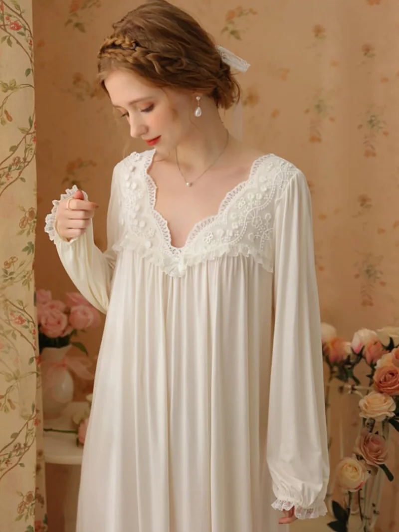 

Women Princess Nightdress Spring Long Sleeve Modal Cotton Retro Vintage Sexy Lace Fairy Dress Sweet Girl Night Gown Sleepwear