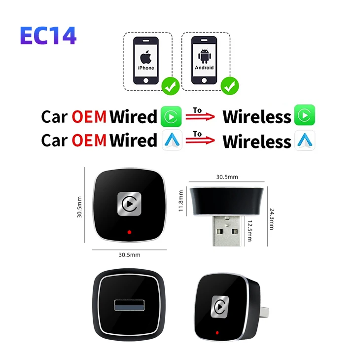 

EKIY EC14 Mini Carplay Android Auto Адаптер Беспроводной И Проводной 2-в-1 Smart Ai Box Bluetooth WiFi Spotify Connect Для Ав...