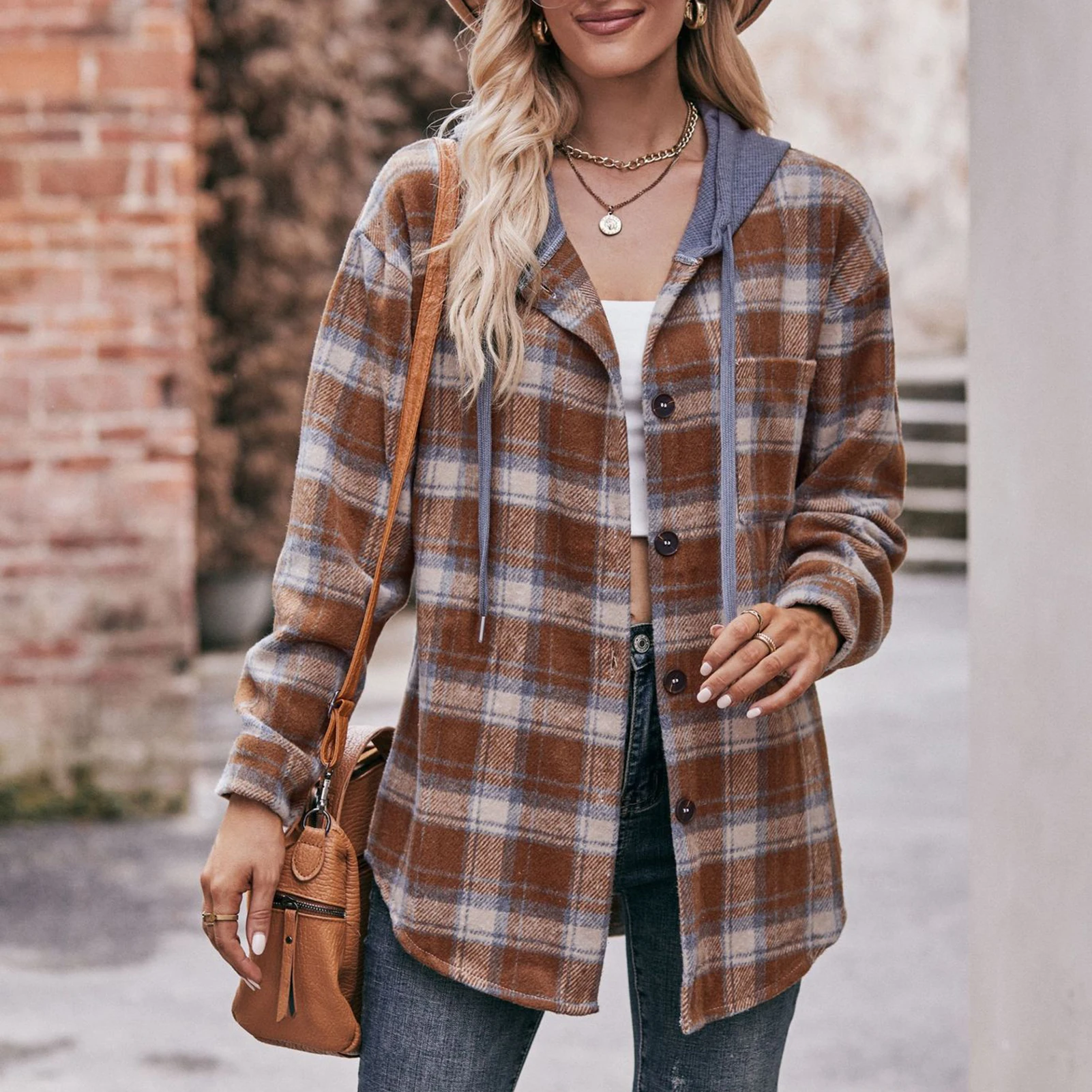 

Women Baggy Check Tee Shirt Ladies Shirts Blouses Single Breasted Coat Lapel Collar Long Sleeve Loose Fit Vintage Daily Outfit