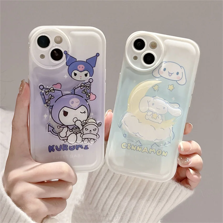 Купи Cartoon Sanrio Kuromi Cinnamoroll Bracket Phone Cases For iPhone 14 13 12 11 Pro Max XR XS MAX 8 X 7 Anti-drop Soft Back Cover за 188 рублей в магазине AliExpress