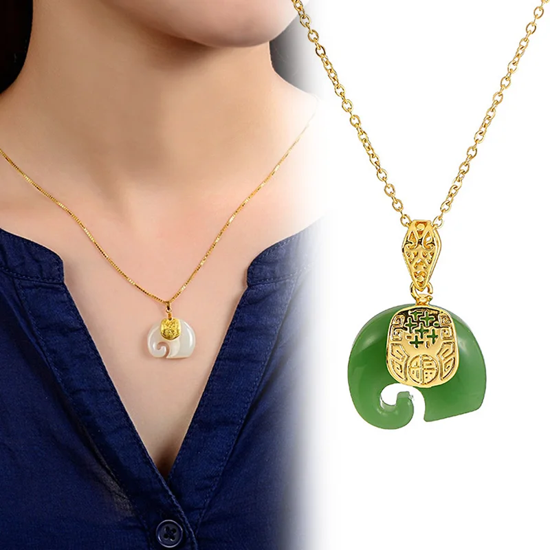 

1Pc Vintage White Hetian Jade Elephant Pendant Necklace 18K Gold Plated Chain Stainless Imitate Choker for Women Gift Jewelry