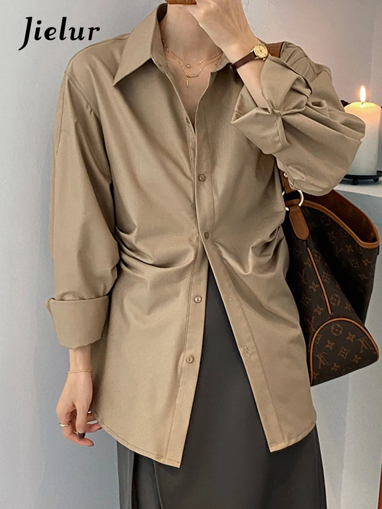 

Jielur Fold Waist Solid Color White Shirts Women Spring Autumn 2021 Long Sleeve Elegant Loose Blouse Tops