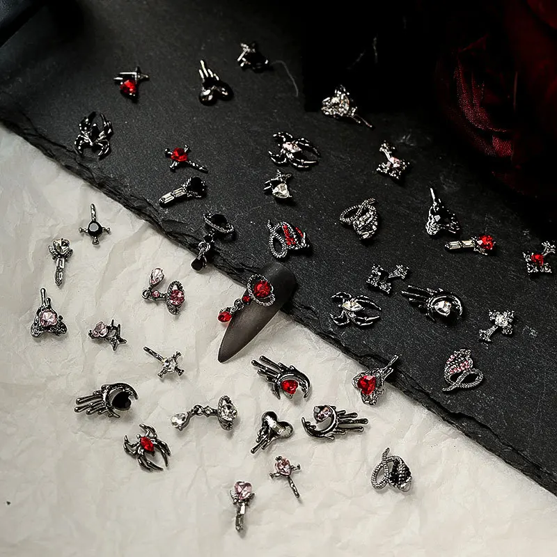 10pcs nail charms Gun black Dark series retro nail accessories love cross spider snake punk nail decoration