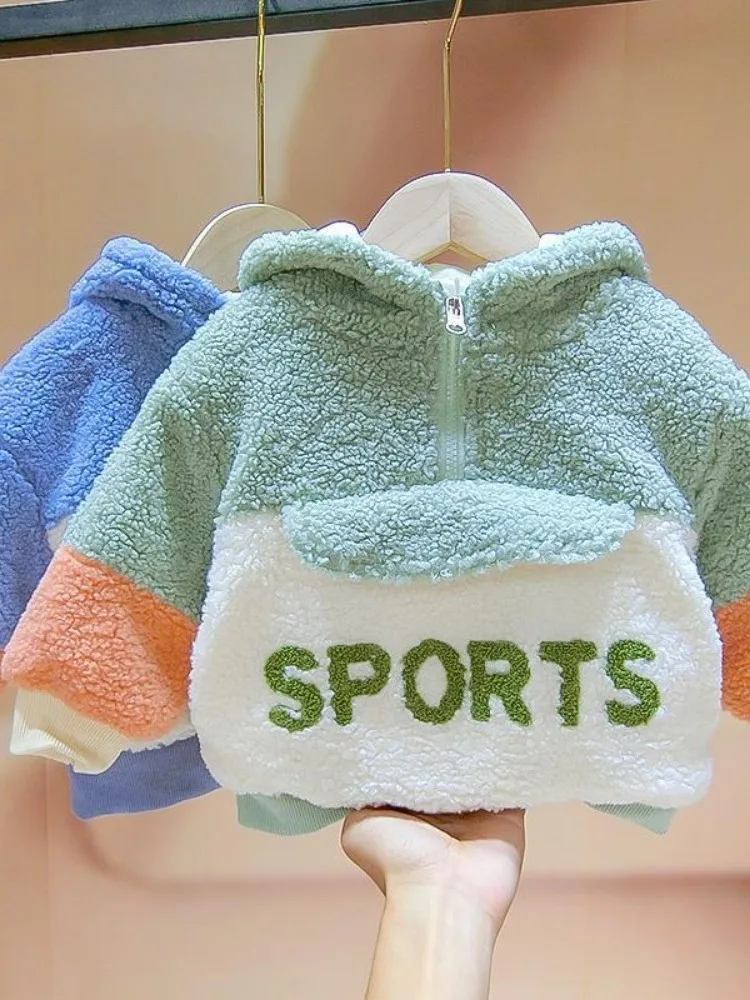 Boys Berber Fleece Autumn and Winter Clothing 2024 New Korean Sle Western plus Velvet Coat Fashion Baby Girl Thickene...