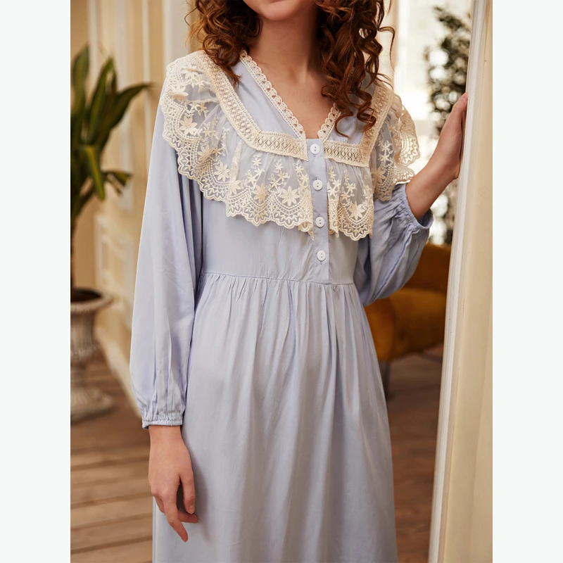 MAYMOLI Comfortable Women's Pajamas Lace Button Decoration Night Dress Women Sleepwear Loose Long Sleeves Luxury Nightwear