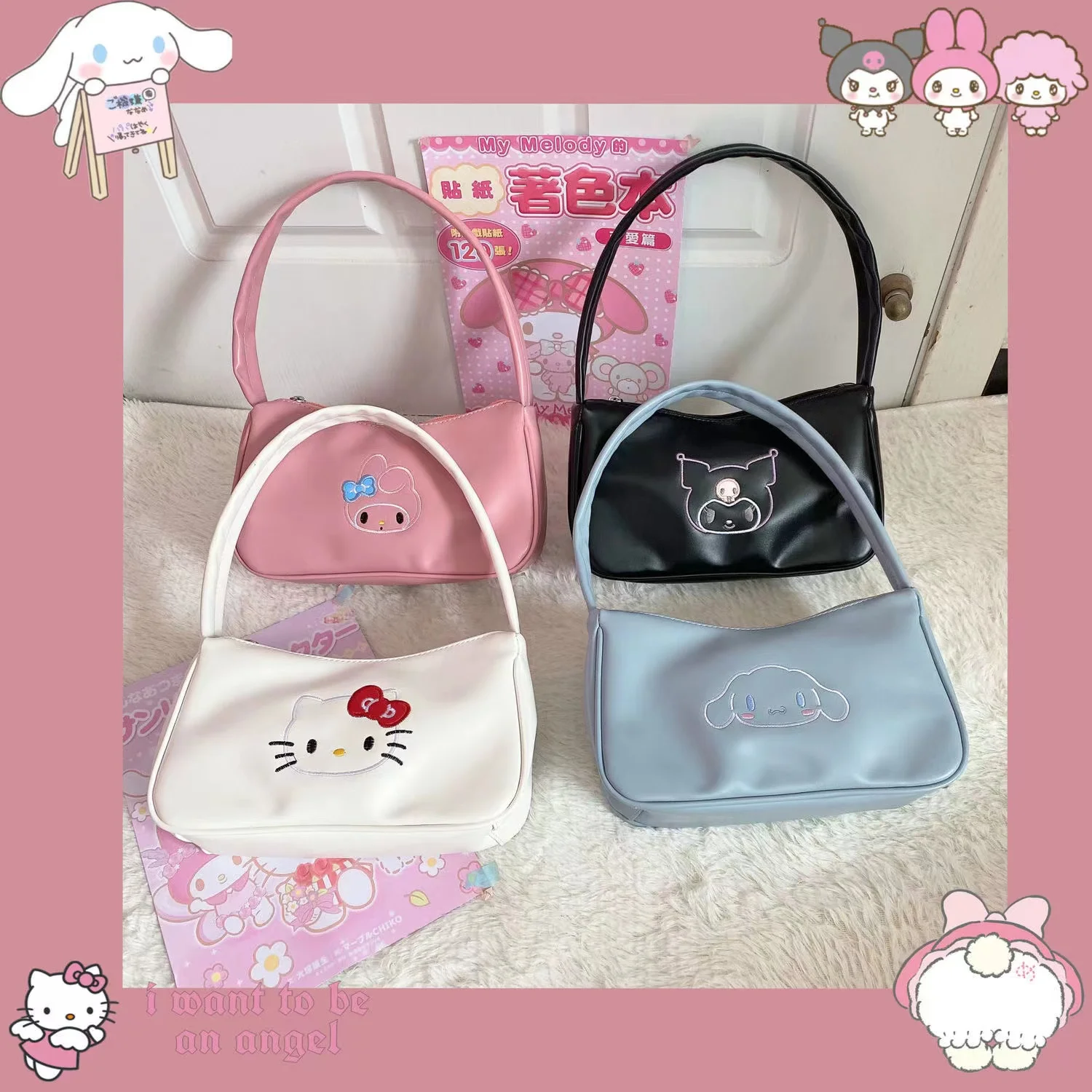 

Hello kitty Japanese cute wild women cartoon fashion PU leather shoulder underarm bag zipper mini handbag