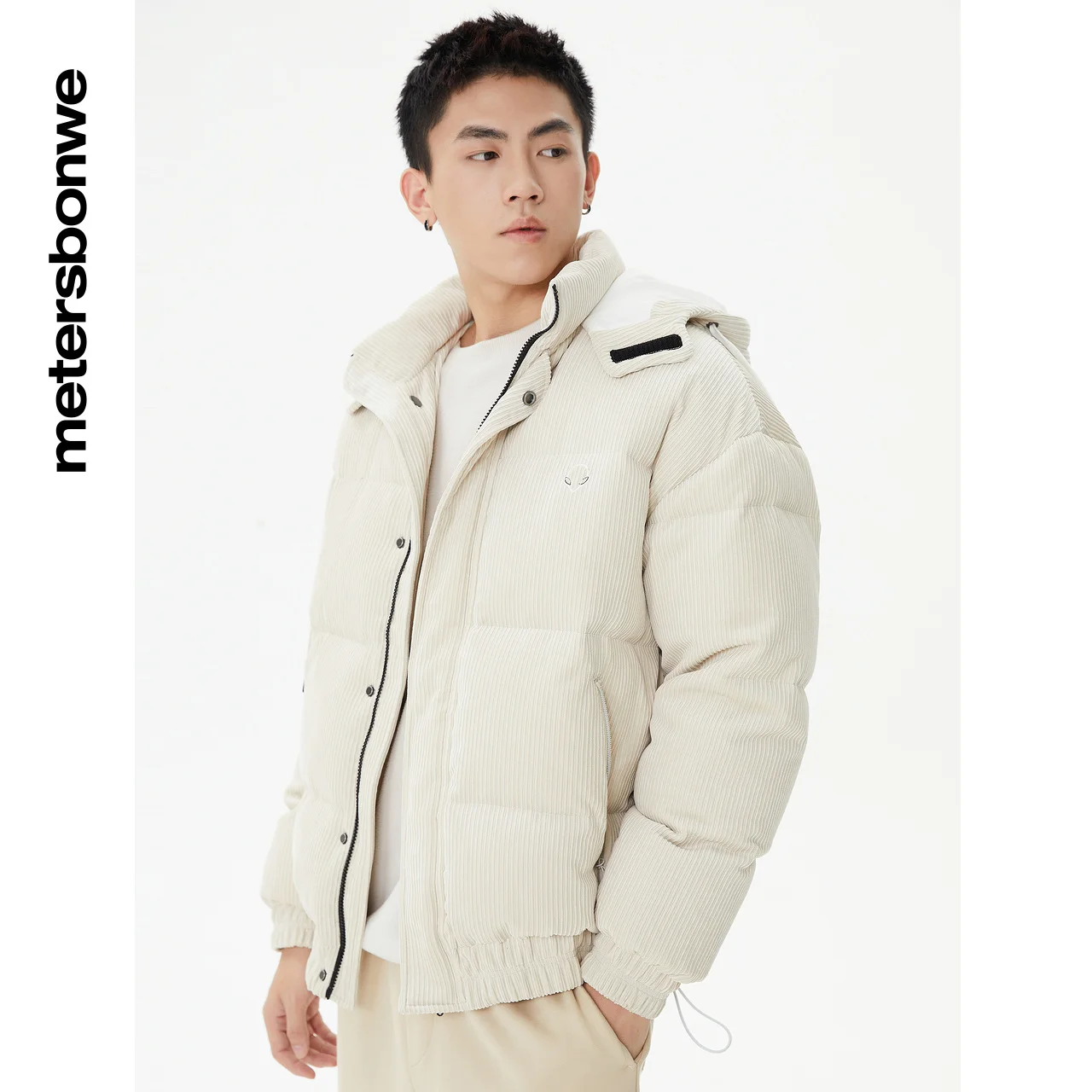 Metersbonwe Men's Corduroy Stand Collar Hoodie Down Jackets 90%Duck Down Warm Wear Loose Thick Solid Color Winter Down Coat