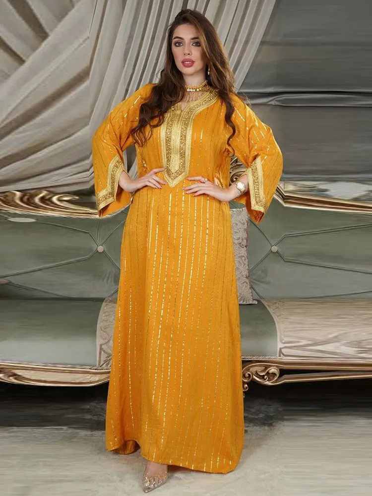 Golden Trim Abaya Arabian Evening Dress Women Gold Stamping Moroccan Muslim Party Kaftan Dubai Gulf Jalabiya Eid Ramadan Gowns