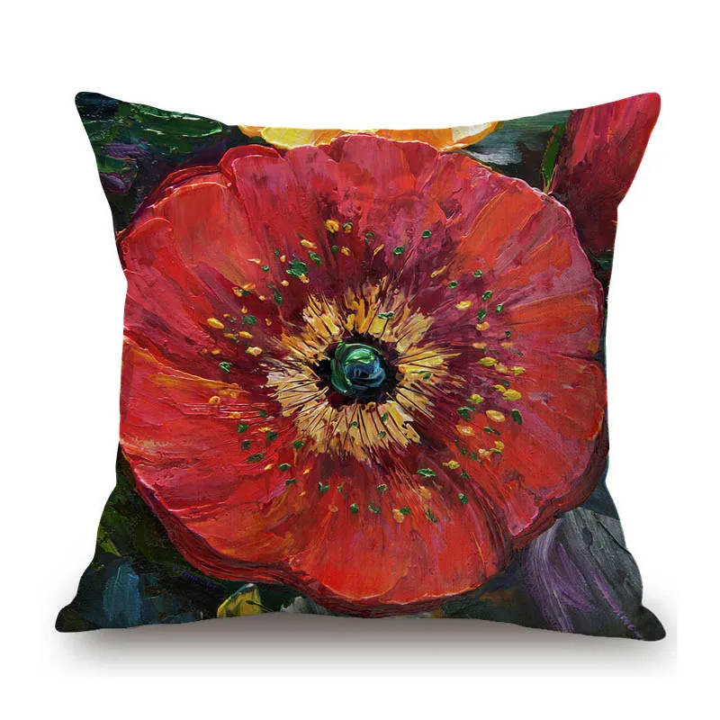Renaissance Red Poppy Flower Oil Painting Home Decorative Pillow for Sofa Literature Gallery Floral Cotton Linen Cushion Cover