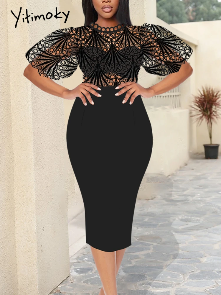 

Yitimoky Women Dress Hollow Out Lace Patchwork Short Lantern Sleeve Sexy Package Hip Slim Party Celebrate Elegant Event Date Out