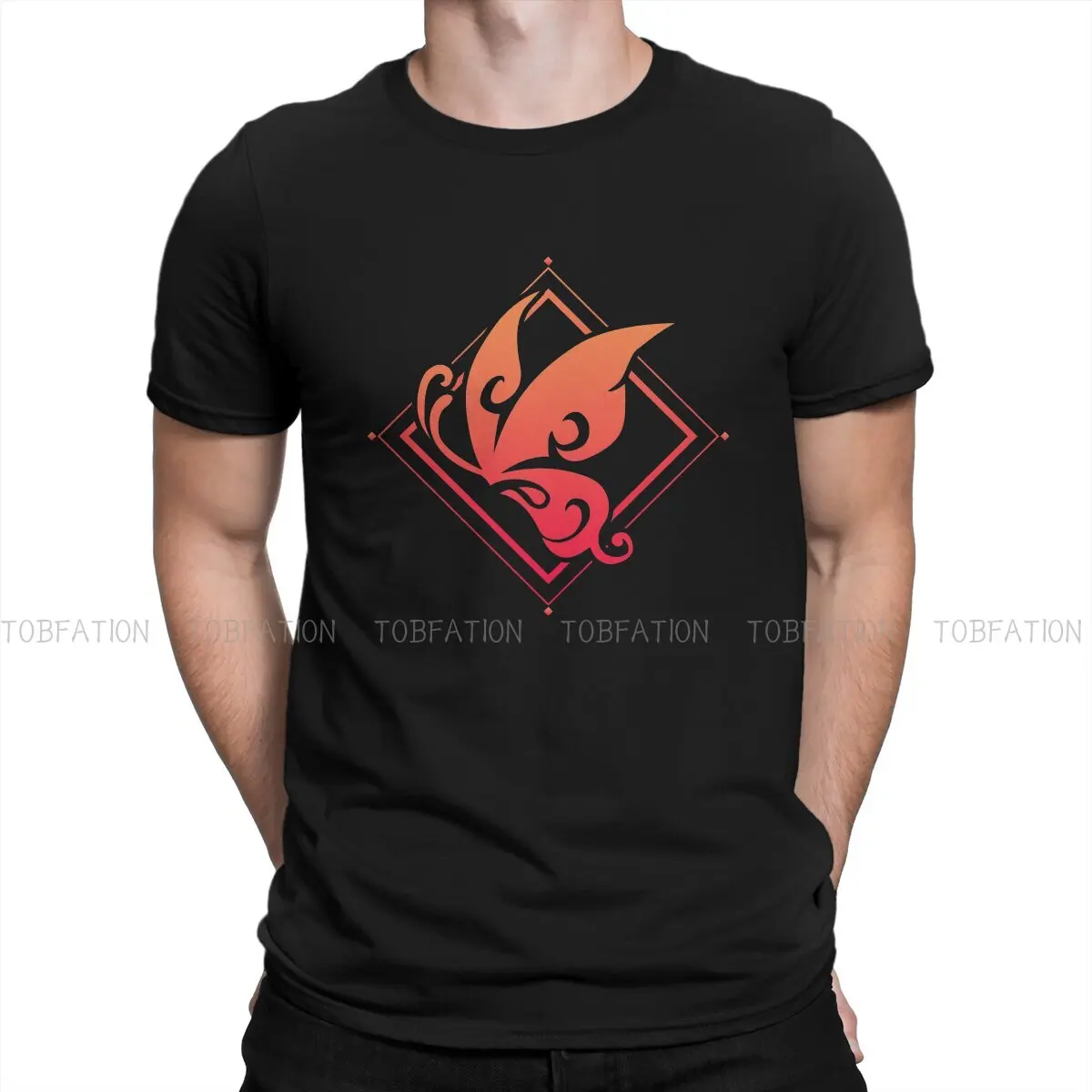 

Hu Tao Pyro Emblem Man's TShirt Genshin Impact Online Role Playing Game Fashion Crewneck Short Sleeve 100% TShirt Humor High