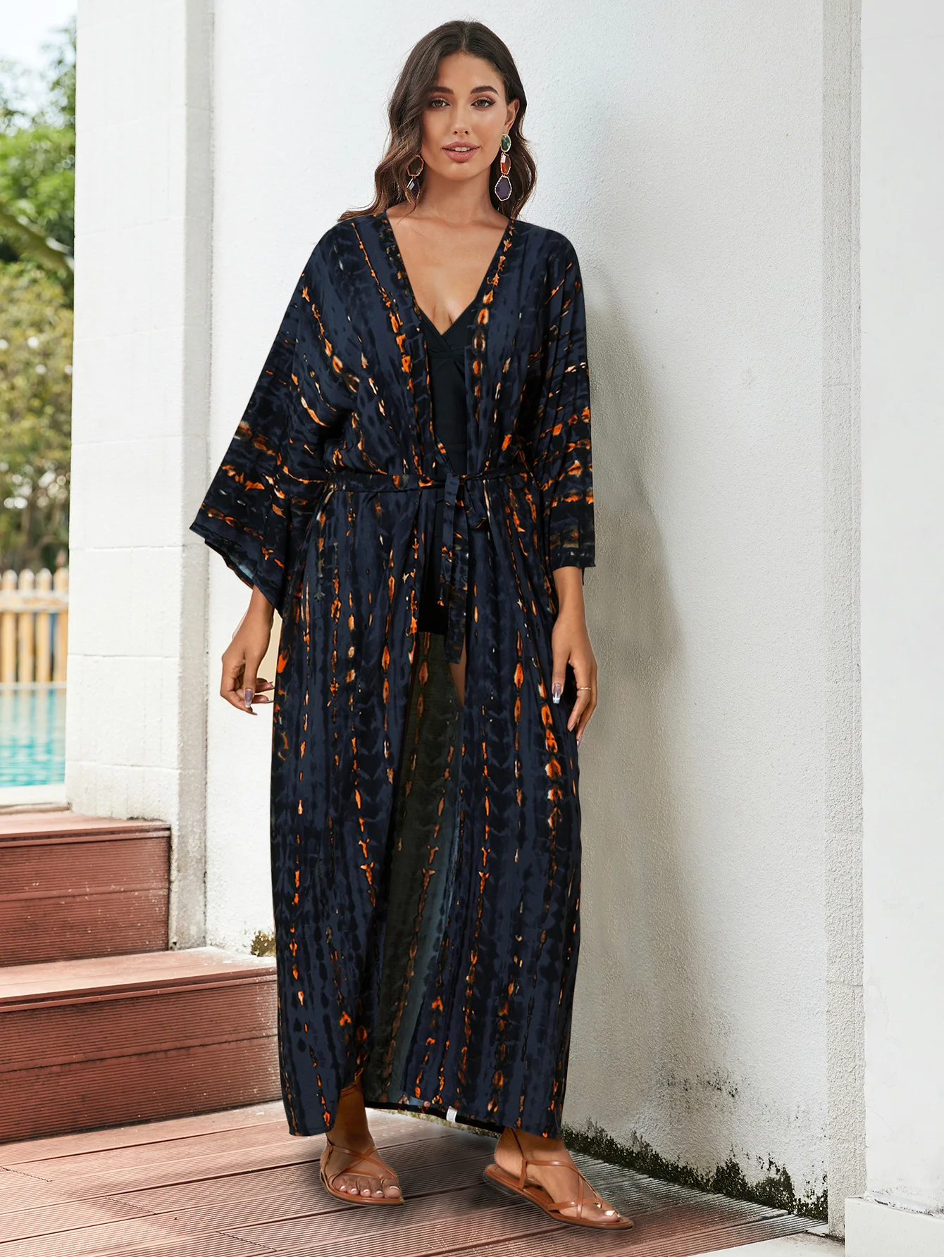 Женское длинное платье-кимоно в полоску голубое богемное платье пляжная одежда