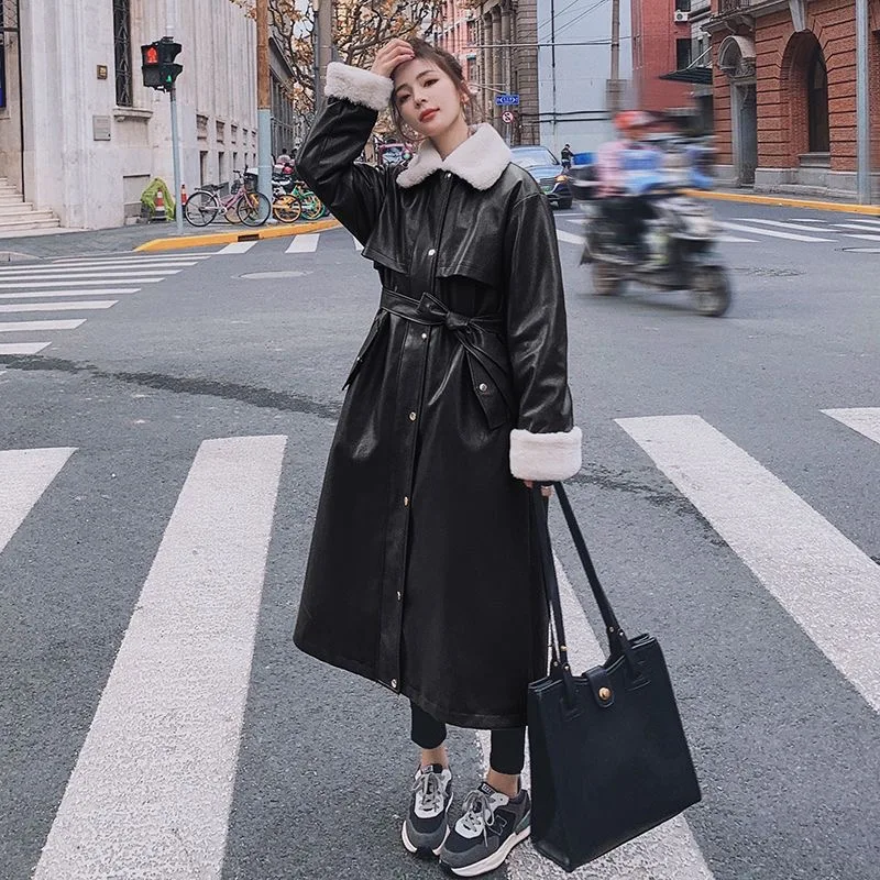 Fur Locomotive Retro Winter Thicked Extra Long Oversized Black Faux Leather Trench Coat for Women Long Sleeve Belt Loose Fashion