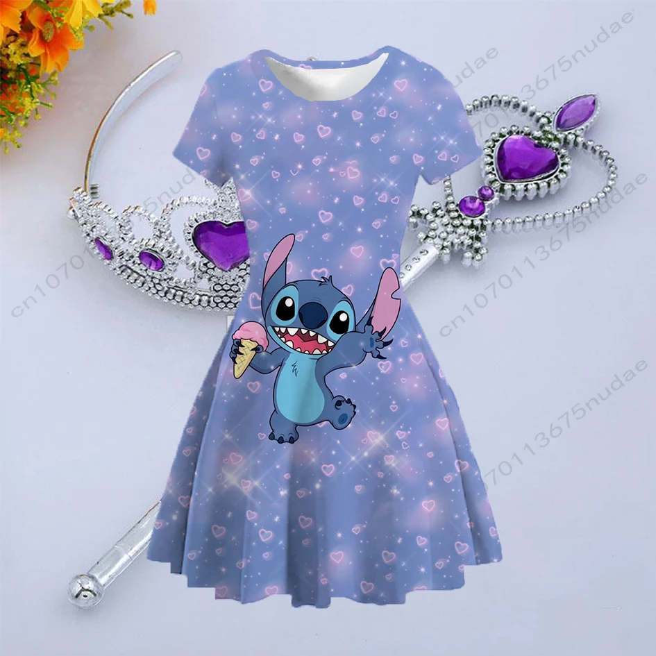 

2022 Summer New Children's Clothing Disney Stitch Princess Dress Printed Round Neck Short Sleeve Trend Cute Girls Dress