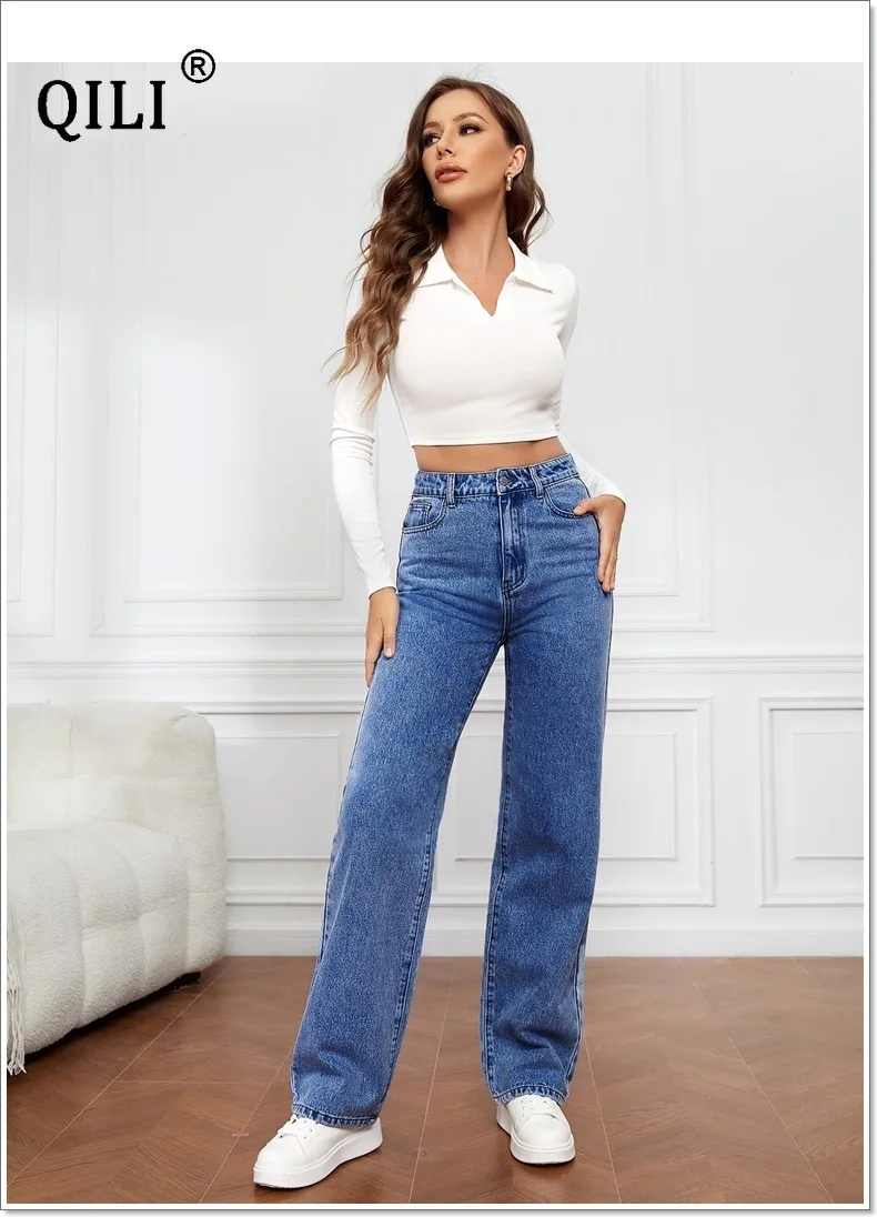QILI 2023 New Jeans for Women Elastic Wash Denim Women's Pants Versatile Straight Leg Pants