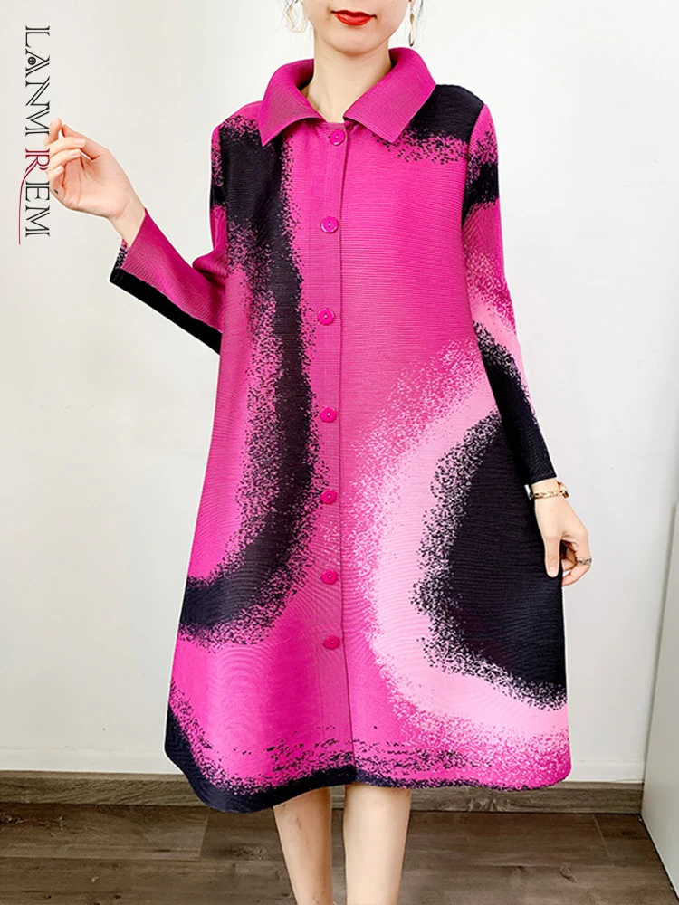 

Женское плиссированное платье LANMREM, однобортное платье с длинными рукавами и отложным воротником, 2023 2YA629