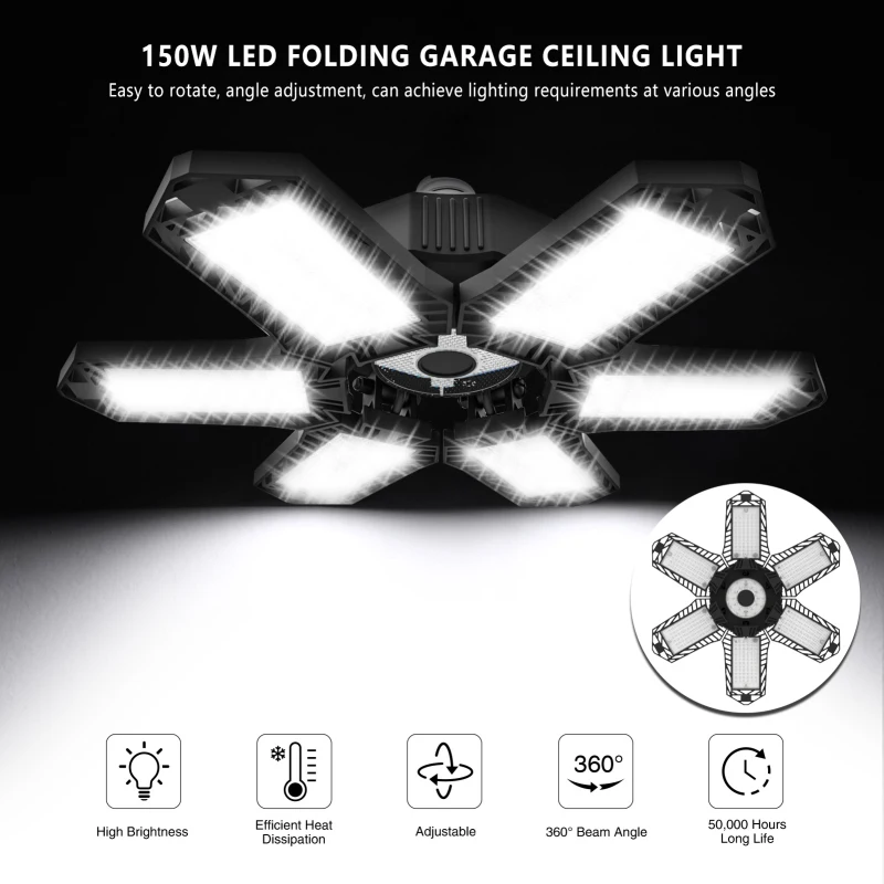 

150W LED Garage Light Deformation Folding Lamp High Bay Lamp Indoor For Garage Workshop Adjustable Gym Theaters Decor Lightings