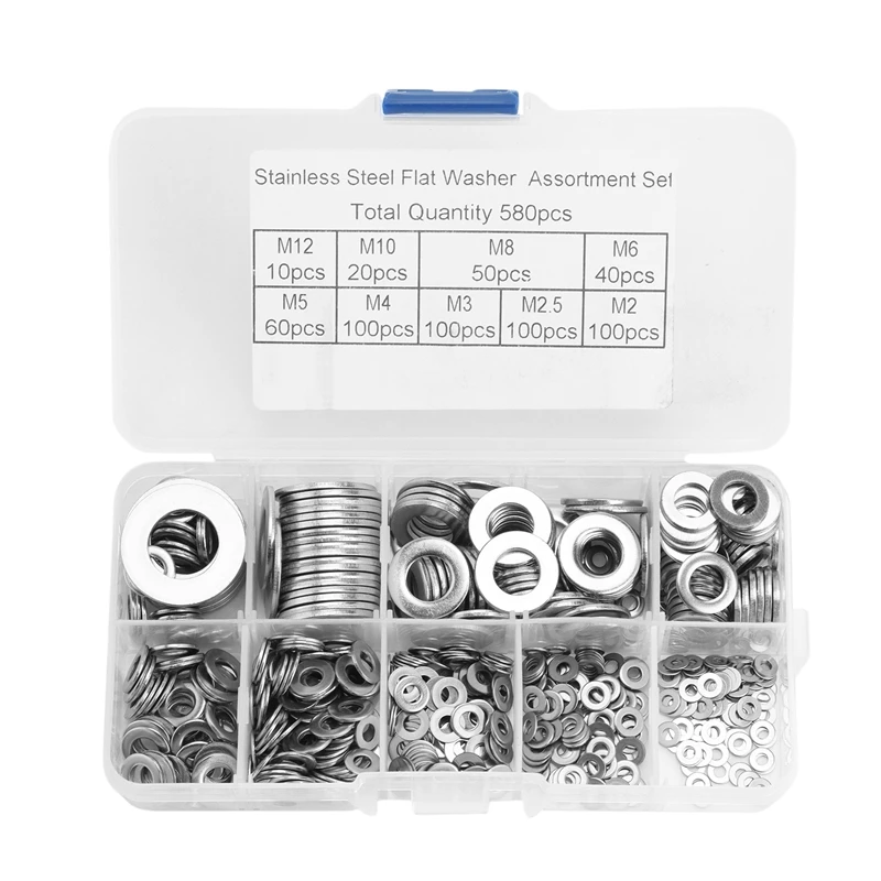 

304 Stainless Steel Flat Washer Set 580 Pieces, 9 Sizes-M2 M2.5 M3 M4 M5 M6 M8 M10 M12 Suitable For Home Decoration