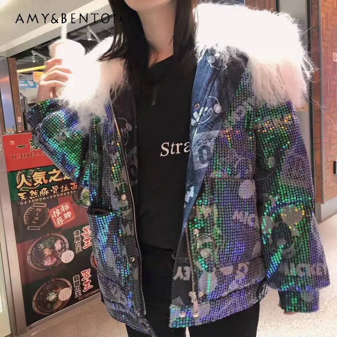 Women's Heavy Embroidery Sequins Down Jacket Winter New Cartoon Letter Pattern Coat New Fashion High Brand Down Coats for Ladies