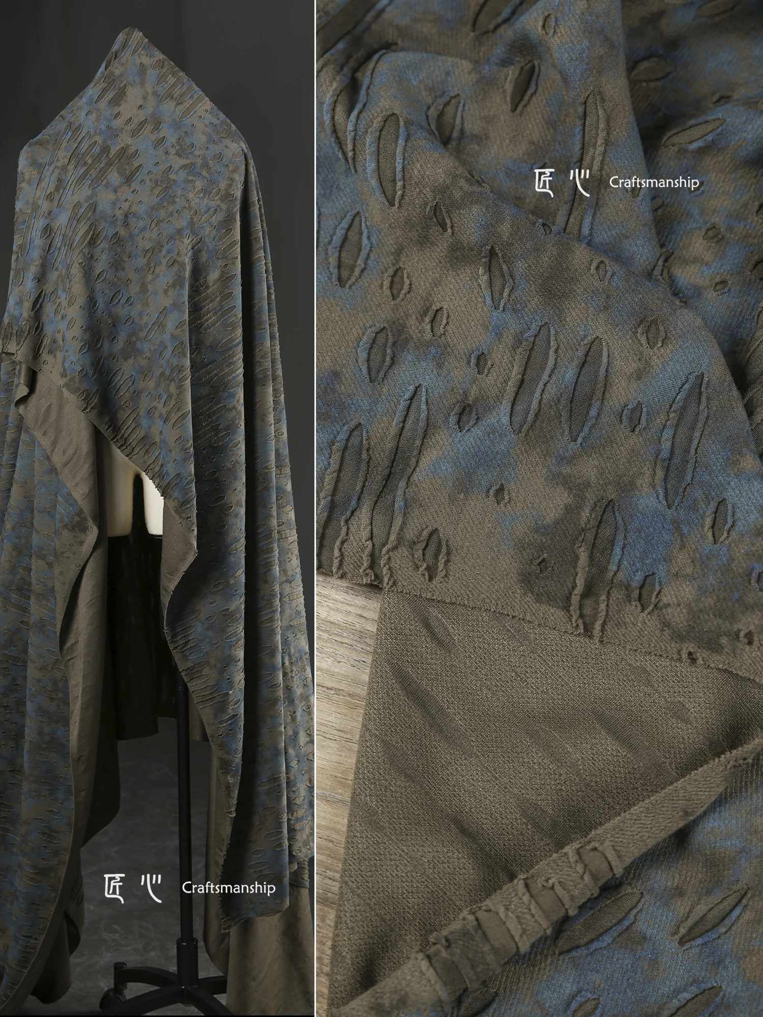 Трикотажная ткань в голубую точку с рисунком улыбки реконструированная