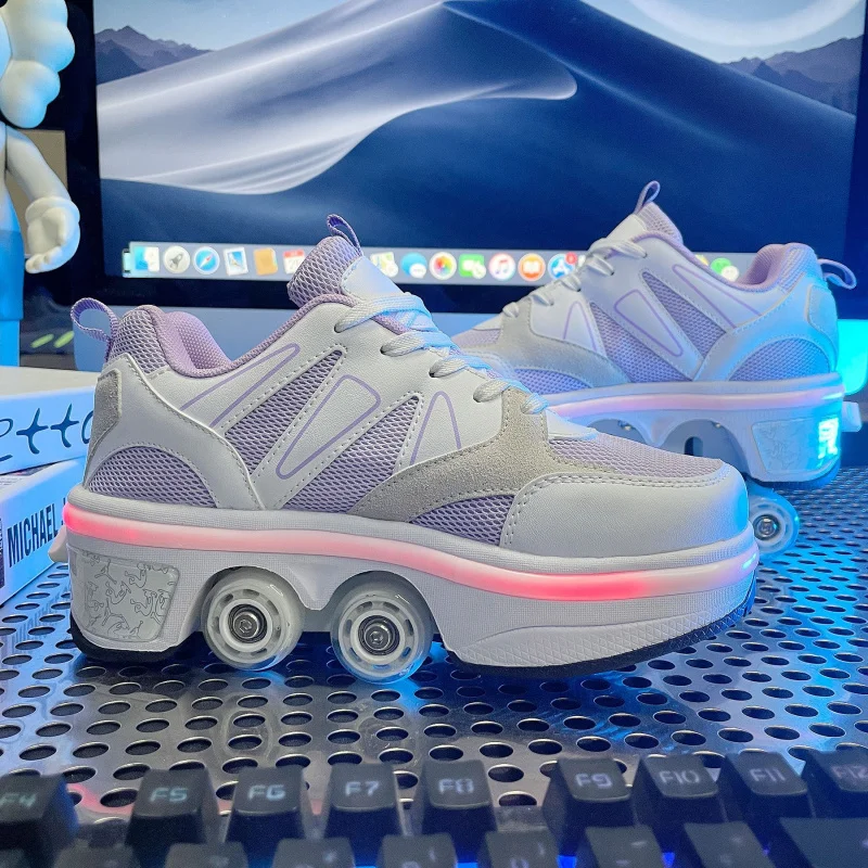 Four-Wheel Dual-Use Heelys Removable Dual-Row Seven-Color Atmosphere Breathing Light Roller Wheels Skates