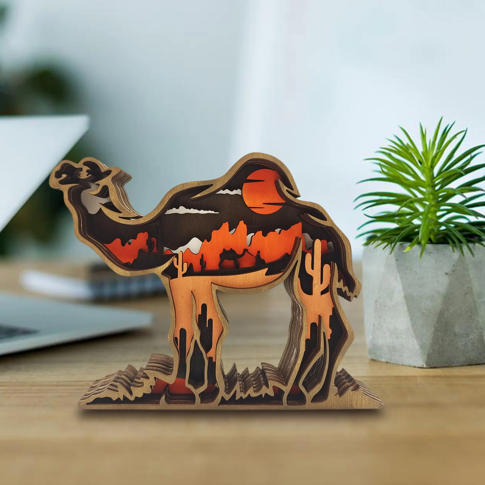 

Wooden Camel Rhinoceros Decor Hollowed Camel Rhinoceros Statue Rustic Wall Art With Multi-Layers For Cabin Bedroom Living Room