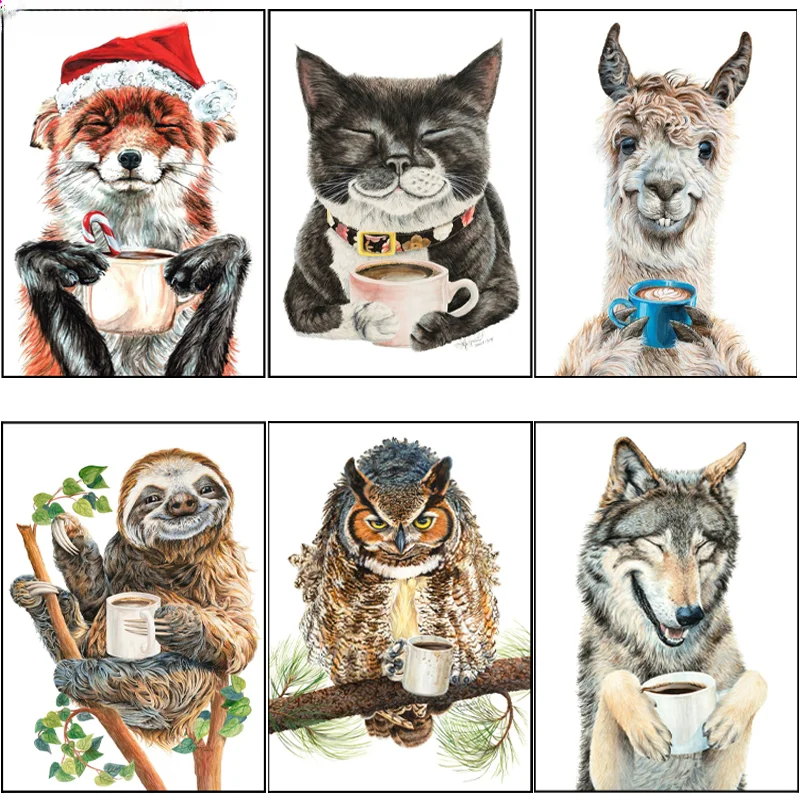

Постер на холсте с изображением животных, тигра, кота, рождественской лисы, питьевого чая, арт-деко, для гостиной, спальни, детской комнаты, кафе