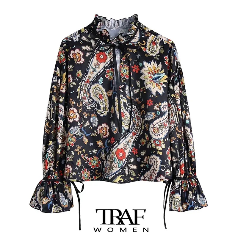 

TRAF Za Women Fashion With Bows Printed Blouses Vintage Long Sleeve Ruffled Trims Female Shirts Blusas Chi Tops