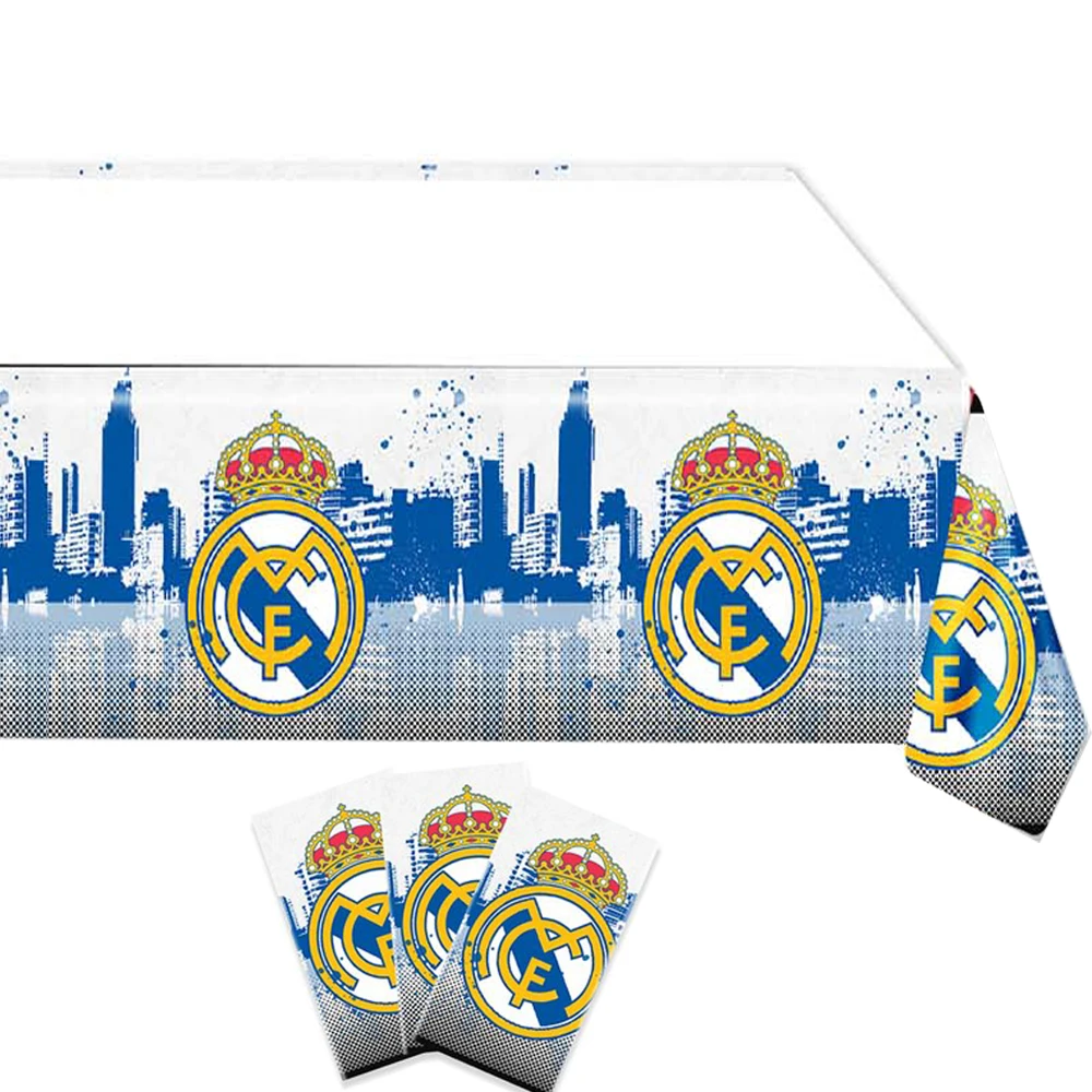 

Real Madrid Football Club Star Disposable Tablecloth Cup Plate Soccer Pinata Toy Balloons for Kids Birthday Party Baby Shower