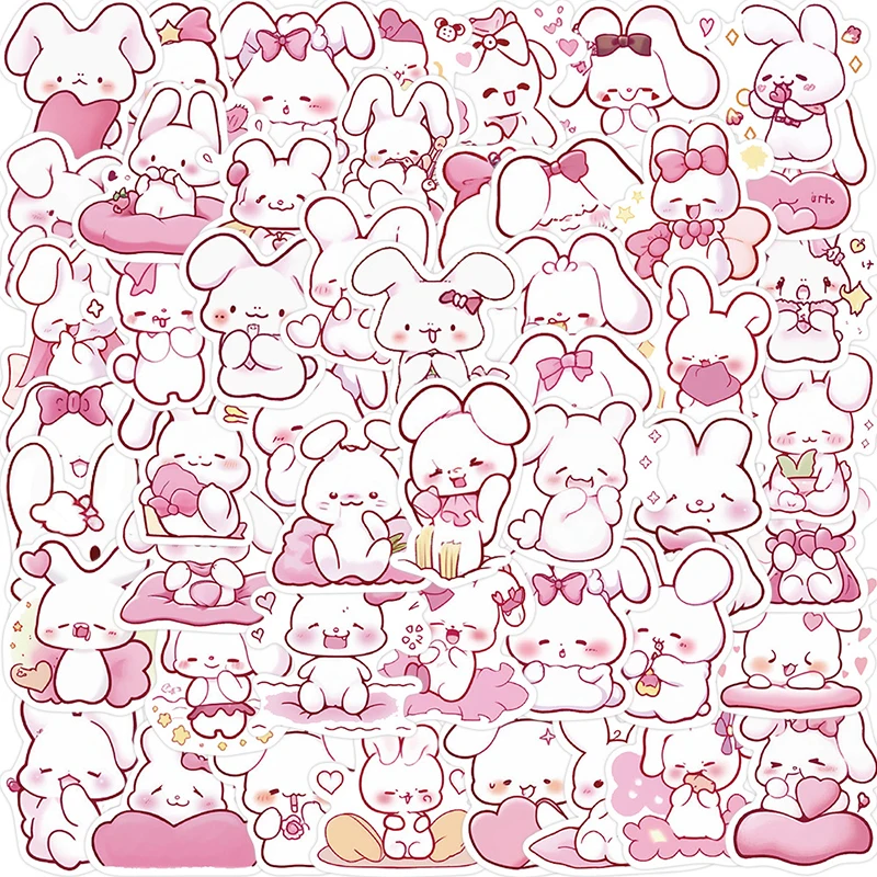 

50Pcs Kawaii Cartoon Pink Color Rabbit Stickers Cute Bunny Waterproof Sticker Laptop Suitcase Luggage Decal