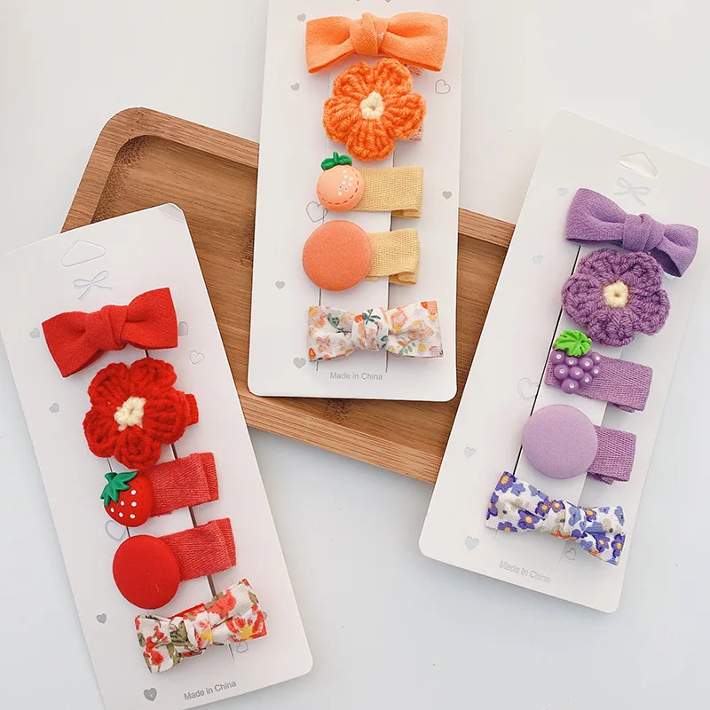 

5 Pcs Children Cute Bow Flower Sweet Kids Hairpins Knit Woolen Handmade Barrettes Hair Clips for Baby Girls Headwear Accessories