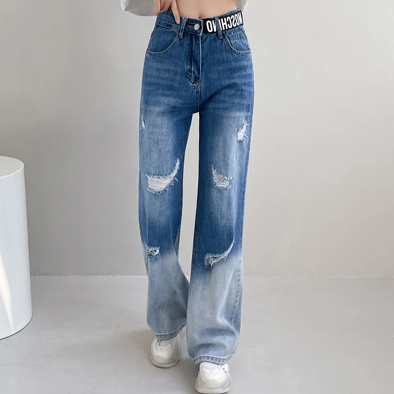

Винтажные прямые джинсы с высокой талией, женские свободные градиентные рваные джинсовые брюки с дырками, лоскутные мешковатые джинсы с надписью, 3501