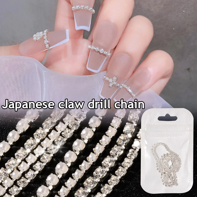 

Nail Art Rhinestone Chain Pearl Diamond 3D Metal Silver Nail Jewelry AB Crystal Nail Decorations 25cm DIY Art Can Be Cut