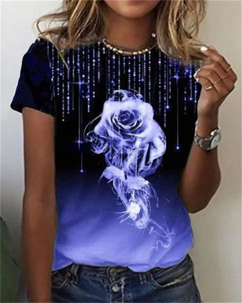 

2022 Spring And Summer New Women's Tops Loose Casual Plus Size Ladies T-Shirts Round Neck Rose Print Short-Sleeved T-Shirts