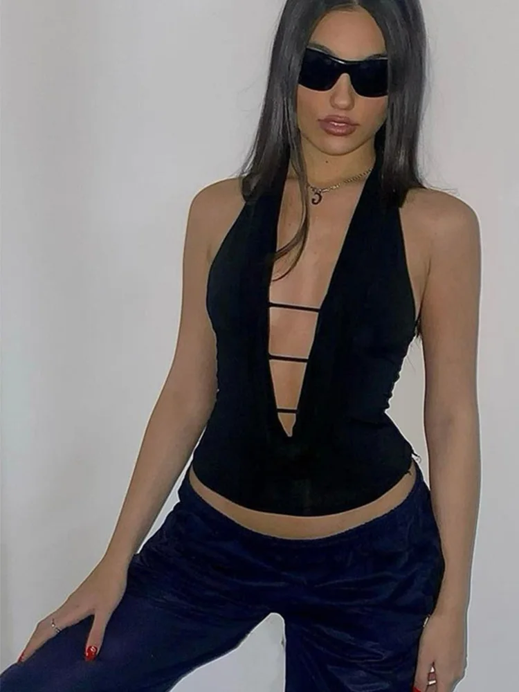 Сексуальный топ с глубоким V-образным вырезом на бретелях Y2K женские укороченные