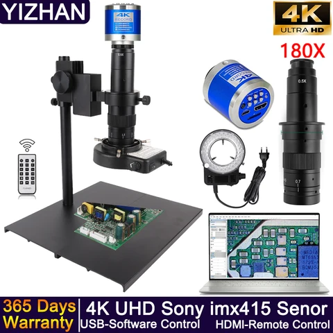 Цифровой электронный микроскоп YIZHAN 4K UHD для пайки, промышленная камера USB HDMI Sony imx415 Senor, парафокальный объектив 180x