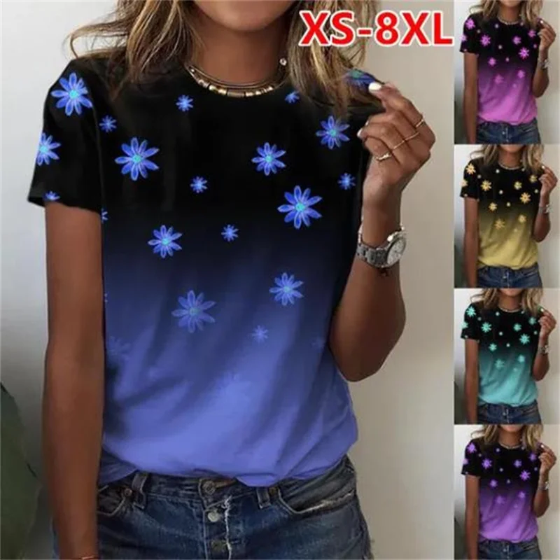 

XS-8XL Summer Women's Abstract Leafs Painting T Shirt Abstract Print Round Neck Basic Vintage Tops Loose Tee Shirts