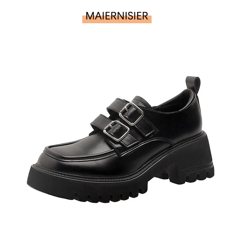 

2022 New Women'S Shoes Retro Thick Sole Ladies Loafers Round Toe Ladies Single Shoes Chic Leather Shoes Ladies Flat Shoes
